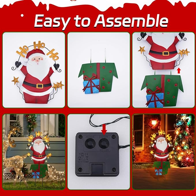 Solar Christmas Lights Outdoor Garden Stakes, 30in Metal Santa Claus Yard Signs with LED String Lights, Waterproof Christmas Decor for Xmas Lawn Pathway Patio Party Winter (Santa Claus)