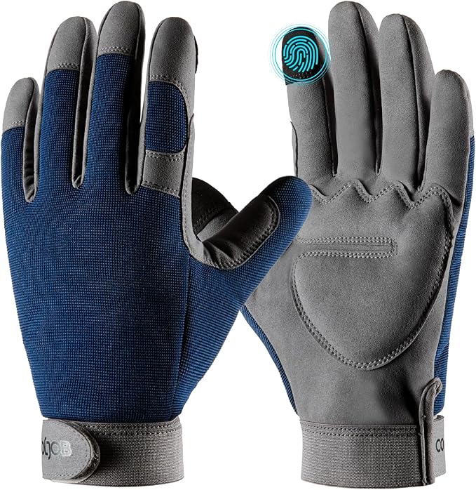 COOLJOB Thorn Proof Garden Gloves with Touchscreen Fingers for Men, Rose Pruning Work Gloves with Palm Cushion for Gardener, Farmer and Landscaper (Navy 1 Pair Large)