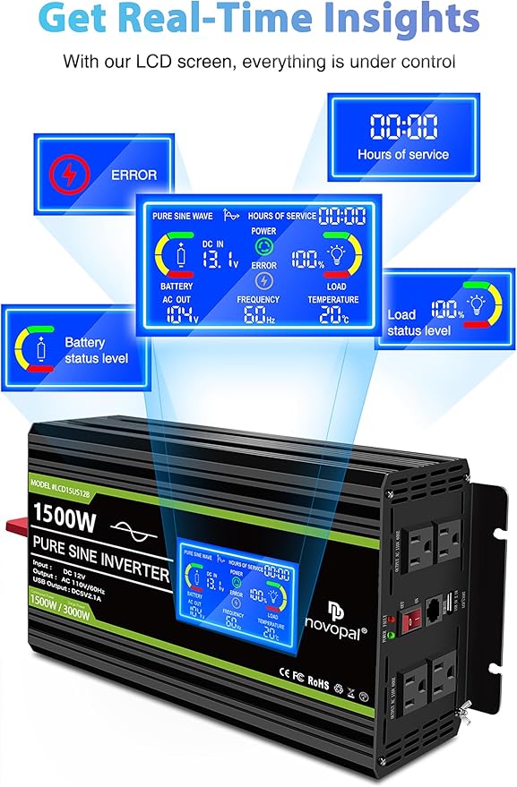 Novopal 1500 watt Pure Sine Wave Power Inverter DC 12V to 110V/120V Converter 4 AC Outlets Car Inverters with USB Port 16.4 Feet Remote Control and LCD Display