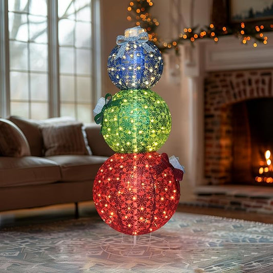 VEIKOU 5 FT Pop-Up Lighted Stacked Christmas Ornaments with 210 Warm White LED Lights & 4 Ground Stakes, Collapsible Christmas Light Ornaments for Backyard, Lawn, Garden