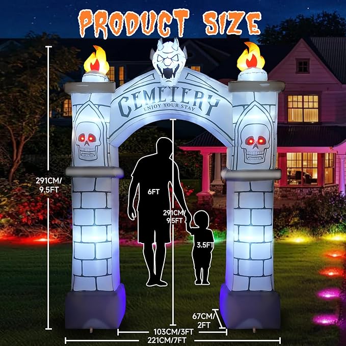 9.5FT Halloween Inflatable Archway, Giant Blow up Arch Yard Decorations with Skeleton, CEMETERY, Wisp, Demon, Outdoor Halloween Decorations Build-in LEDs Lights for Yard, Party, Garden, Lawn