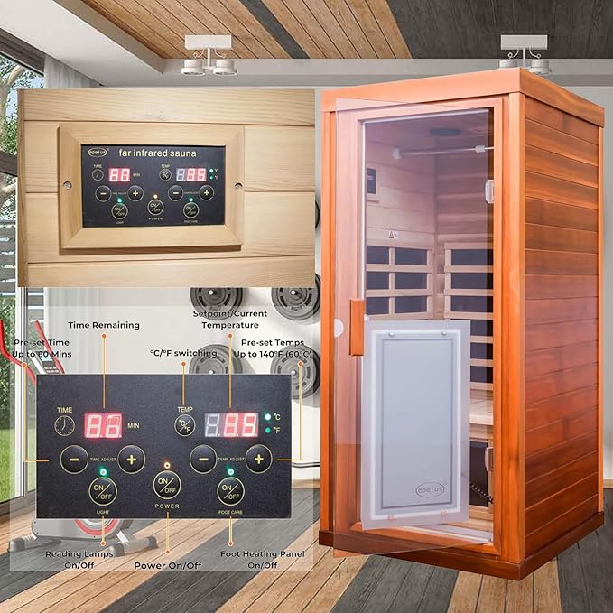 Red Cedar Personal Far Infrared Indoor Sauna Room, Indoor Sauna for Home Spa with Door Heating, 1350w, 8 Heating Plates, Bluetooth Speaker, Reading Lamp, Toughened Glass Door.