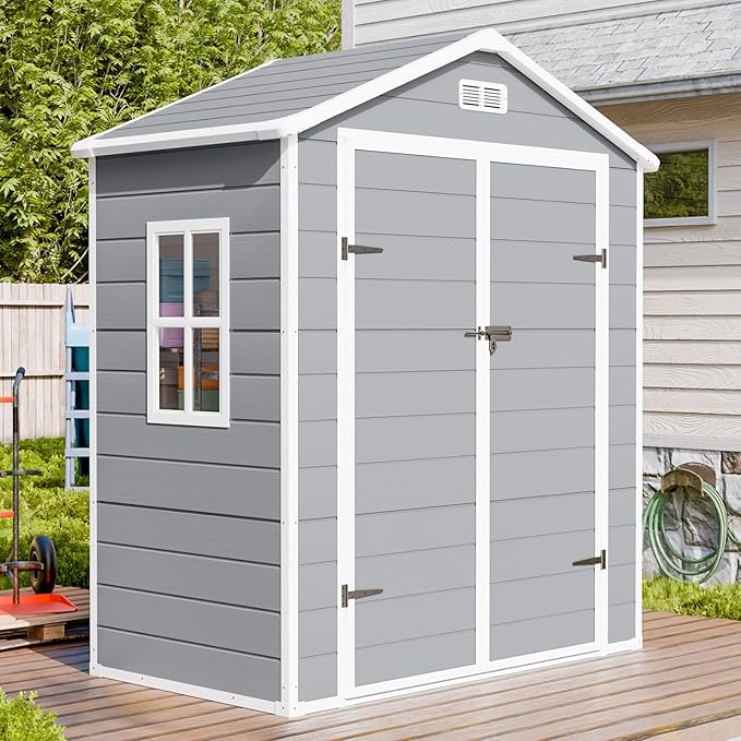 CDCASA 6x3 FT Resin Storage Shed, Waterproof Outdoor Shed with Floor & Window & Lockable Door Included, Outside Plastic Tool Sheds for Garden, Patio, Backyard, Light Gray