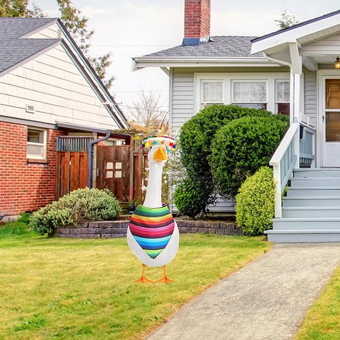 XIMEO Porch Goose Outfit for 17" & 23" Lawn Goose – Striped Poncho & Hat Clothes Set – Outdoor Porch Goose Decoration for Duck or Garden Statues