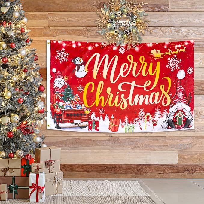 XIFAN Christmas Flag Double Sided 3x5 ft Outdoor, Large Merry Christmas Banner with Red Gnome Buffalo Plaid Truck Xmas Tree Snowman, Winter Holiday Gift Wall Decor Decoration