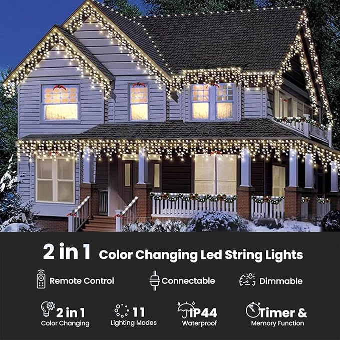 Icicle Christmas Lights Outdoor, 29.5Ft 360 LED Icicle Lights Outdoor with 60 Drops, 11 Modes Color Changing Fairy Twinkle Light with Remote for Eaves Home Garden Xmas Decor (Warm White & Multicolor)