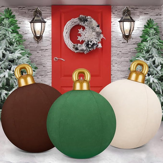 Jetec 3 Pcs 32 Inch Giant Velvet Christmas Inflatable Balls Ornament Flocked Xmas PVC Inflatable Flocked Ball Ornaments for Christmas Holiday Outdoor Blow up Yard Decor(Beige, Brown, Dark Green)