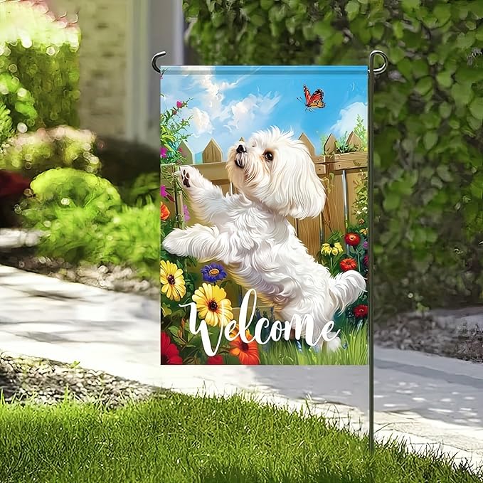 BlissYard Welcome Spring Summer Flowers Maltese Dog Garden Flag Lovely Floral Seasonal Home Decor Banner 12x18 Double Sided Funny Dog Garden Flag Farmhouse Outdoor Yard Decoration Flag