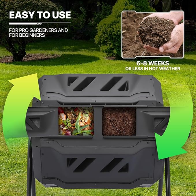 MoNiBloom 43 Gallon Compost Tumbler, Outdoor BPA Free Large Dual Chamber Tumbling Compost Bin All-Season Fast Working Tumbling Composter, High Volume Composter with 2 Sliding Doors