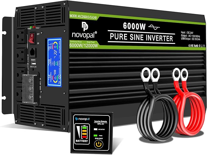NOVOPAL 6000 Watt Pure Sine Wave Power Inverter DC 24V to AC 110V 120V Rv Inverters with 1 USB Port-16 feet Remote Control, LCD Display for Truck, Hurricane, Home
