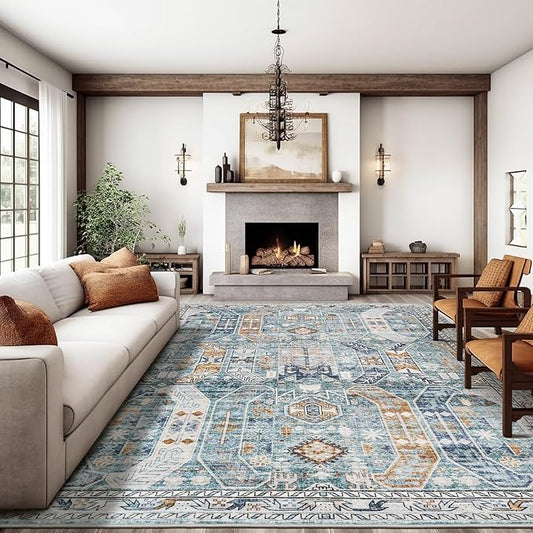 10x14 Area Rugs,Ultra-Thin Washable Rugs for Living Room,Non-Slip Lightweight Foldable Area Rug,Stain Resistant Vintage Large Rugs(Blue/Gold,10'x14')