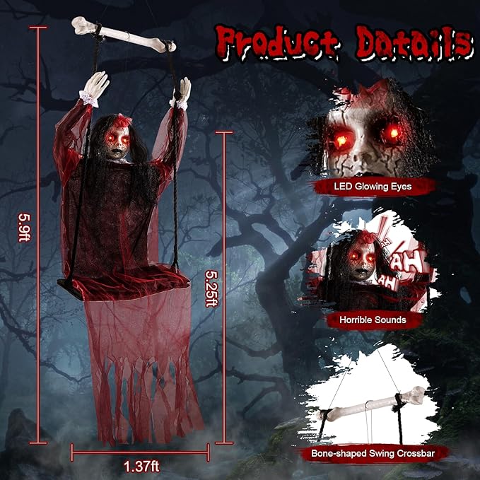 Halloween Decorations Outdoor, Scary Hanging Swinging Girl Props Sound & Slap Activated with Creepy Sound Expressions Light Up Eyes, Halloween Outside Ghosts for Haunted House Yard Lawn Decor