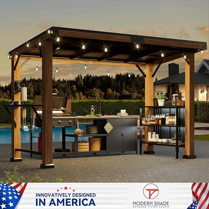 Modern Shade Woodberry Grill Gazebo 6' X 12', Cedar Wood Gazebo with Dual bar Tops & Shelves, Patio Pavilion with Galvanized Steel Roof, USB and USB-C Charging Ports for Patio, Garden