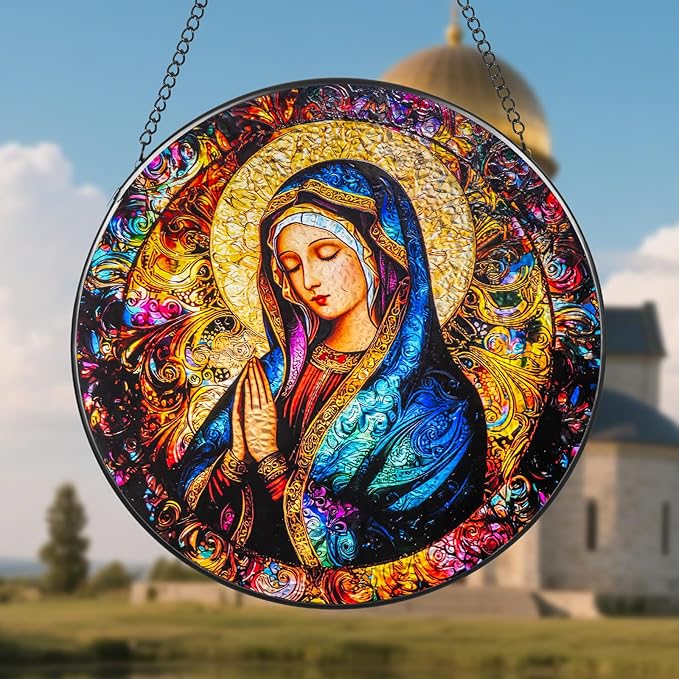 Suncatcher Stained Glass Window Hanging - Mother Mary Glass Panel with Metal Chain and Hooks Handmade Sun Catcher Decoration for Window Garden Home Christmas & Birthday Gifts (8 Inch)