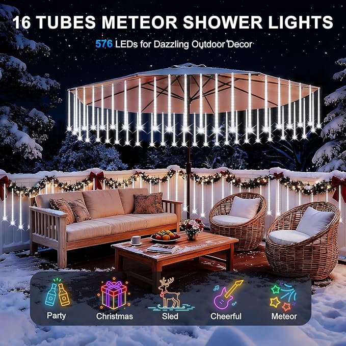 PEMOTech Christmas Lights Outdoor,16 Tubes(Equivalent to2 Sets of 8-Tubes) Meteor Shower Lights,Waterproof Christmas Decorations Icicle Light for Xmas Tree Halloween Party, Ul Plug,Cool White