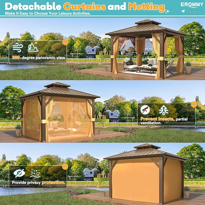 EROMMY 10'x10' Gazebo Hardtop, Galvanized Steel Double Roof Metal Gazebo with Aluminum Frame, Permanent Outdoor Pavilion with Curtain and Netting for Patio, Lawn and Garden, Brown