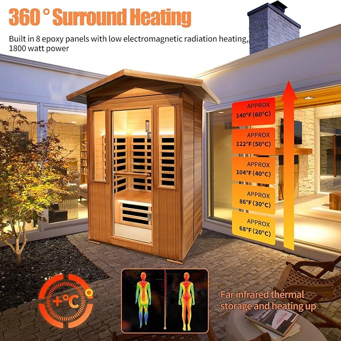 Infrared Saunas for Home,Far Infrared Sauna,1800W Light Therapy Lamp Wooden Outdoor Dry Sauna,Red Cedar Sauna Spa with Bluetooth Speaker,for Unwell Men,Women,Elderly,2-3 Person Home Sauna