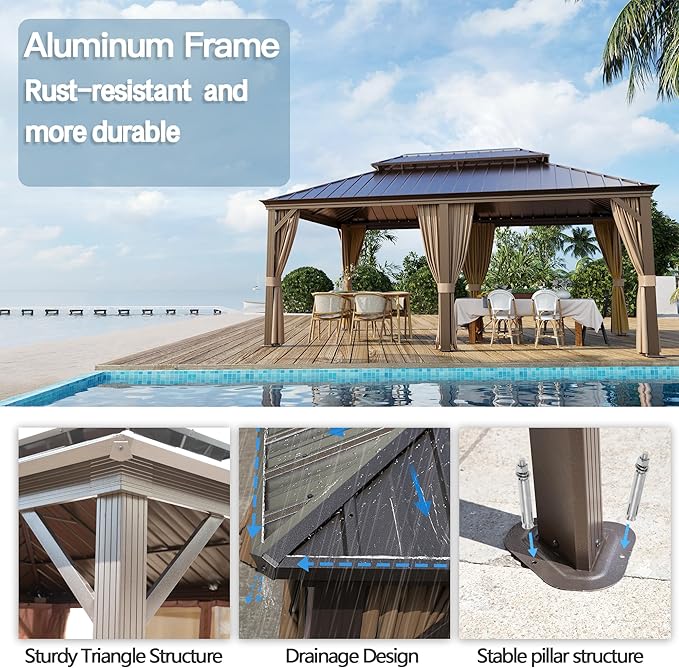 12' x 18' Outdoor Hardtop Gazebo Aluminum Frame with Double Metal Roof, Canopy Netting, Curtain, Patio Permanent Galvanized Steel Gazebo for Backyard, Garden, Party, Deck, Lawn