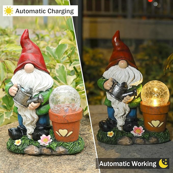 Garden Gnome Statue, Resin Pots with Crack Ball Gnome Figurine with Solar Lights for Porch Patio Yard Outdoor Decor