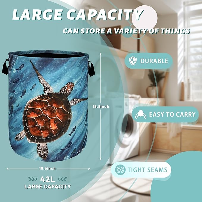 Sea Turtle Laundry Basket Foldable With Handles Watercolor Turtles Tote Bag Oxford Cloth Colorful Animal Laundry Hamper Clothes Toy Storage Bucket For Bathroom/Laundry/Bedroom 18.9"x 16.5 "