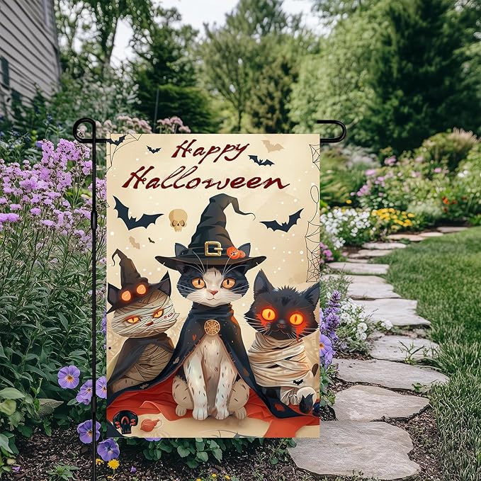 Happy Halloween Garden Flag Three Cute Cats Witch Mummy Flag 12x18 Inch Double Sided Spooky Outdoor Yard Decor House Banner Porch Lawn Patio Home Decoration