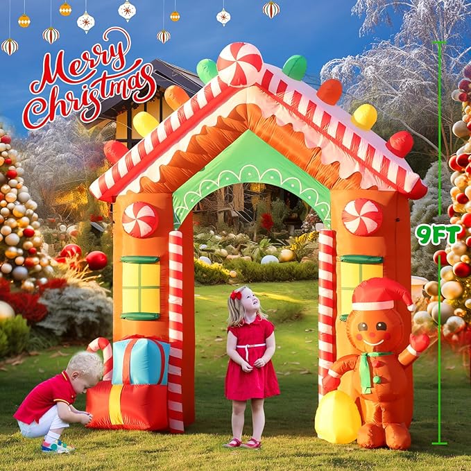 FunFanso 9 FT Christmas Inflatable Archway Outdoor Decorations, Gingerbread House Arch Blow Up Yard Decoration with Colorful Gifts, Build-in LED Lights for Garden Lawn Yard Porch Holiday Party Decor