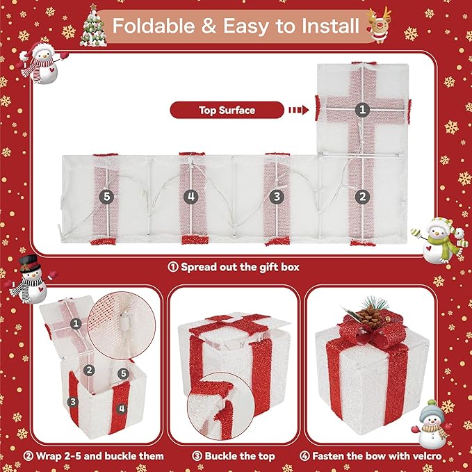 Set of 4 Christmas Lighted Gift Boxes, 70 LED Stackable Light Up Present Boxes for Christmas Decorations Indoor Outdoor Yard Lawn Porch Home Decor(Max. 10")