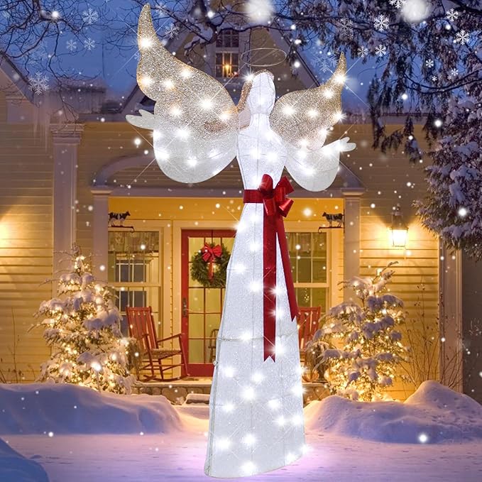 65" Lighted Angel Christmas Decoration, 3D Halo Angel with Golden Wings, White LED Lights, Outdoor/Indoor Use