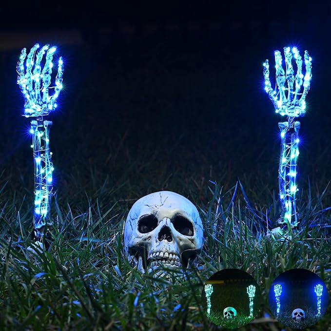 Halloween Lighted Skeleton Set, Skull Arms Stakes with 2 Blue 3 m LED Lights & 2 Green 3 m LED Lights (3 Modes), Realistic Halloween Decoration for Outdoor Garden Yard Graveyard