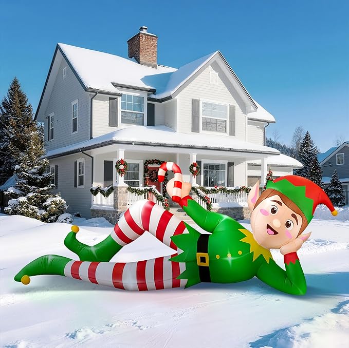 8 FT Christmas Inflatable Outdoor Decoration, Lying Elf Christmas Blow up Yard Decorations with LED Lights, Elf Inflatable Outdoor Decoration for Garden Lawn Roof Xmas Decorations