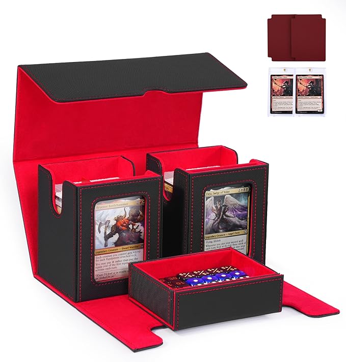 Trading Card Deck Box with Commander Display，3 in 1 MTG Storage Holds 200 Double-Sleeved Cards，2 Deck Boxes & Dice Tray Included，Fits MTG, TCG, PTCG & Sports Cards