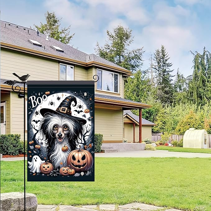 Halloween Garden Flag Chinese Crested Dog Flag 12x18 Inch Boo Pumpkin Yard Banner Double Sided Outdoor Trick or Treat House Decoration for Lawn Porch Patio Holiday Fall Decor