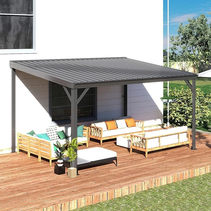 Domi 10’x14’ Wall-Mounted Hardtop Gazebo Pergola – Permanent Lean-to Outdoor Shelter with Sloped Galvanized Steel Roof & Upgraded Drainage – Grey Metal Patio Cover for Backyard, Deck, Garden