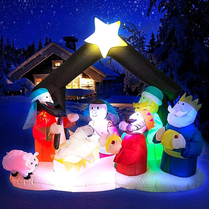 TRMESIA Christmas Inflatable Nativity Sets for Christmas Outdoor Decoration with Flashing LED Lights,Outdoor Inflatable Nativity Scene Set Lighted Blow up Baby Jesus Yard Indoor Props