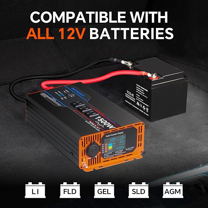 1500W Pure Sine Wave Inverter, Car Power Inverter 12V to 110V 120V, DC to AC Converter Generator with AC Outlets 3.0A USB Type-C, Remote Controller LCD Display Truck Inversor for Vehicles, RV