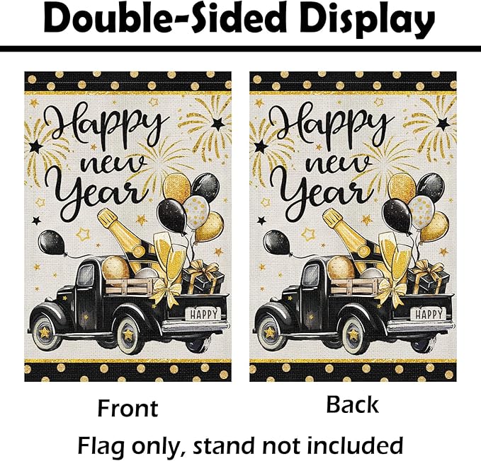 Heyfibro Happy New Year Truck Garden Flag 12x18 Inch Double Sided Black Gold Champagne Balloon Garden Flag Decorative Firework Yard Flags for Outside House Farmhouse Holiday Outdoor Decoration