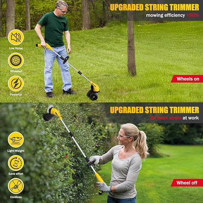 Aokia Weed Wacker Cordless for Lawn: Grass Mower with Roller - 2.0Ah Battery Powered for Hedge Clearance Yard Cutting Tree - String Trimmers for Garden Cutter Handyman Landscaper