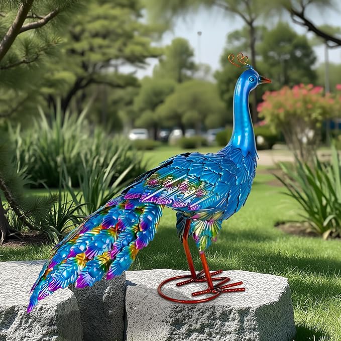 Peacock Yard Art Garden Decor Metal Peacock Outdoor Statue & Sculpture for Patio Lawn Backyard Decorations Vibrant Multicolor, Blue