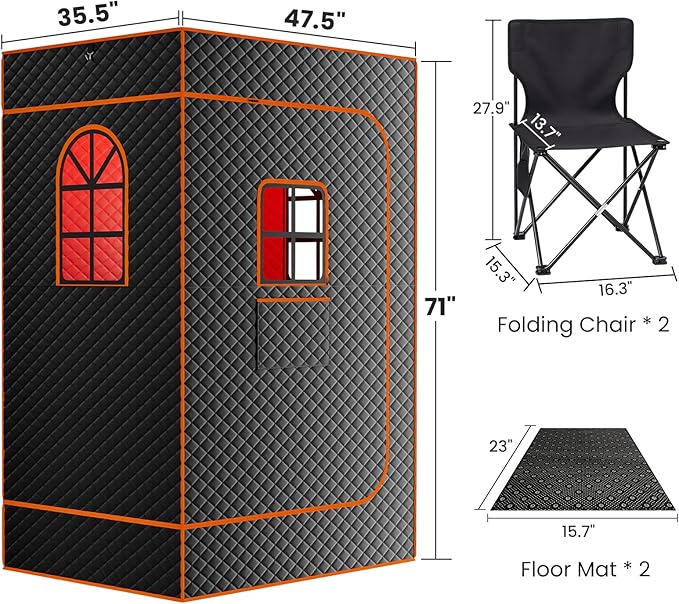 NAIZEA 2 Person Infrared Sauna Box, Portable Steam Sauna with Red Light Therapy Lamp,2 Person Full Body Saunas Tent for Home Spa with 3L 1200W Steamer,Remote Control, 2 Folding Chair,3.9'x2.9'x5.9'