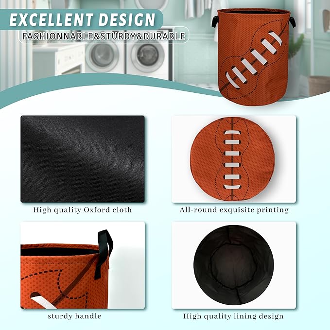 Football Laundry Basket Foldable With Handles American Ball Tote Bag Oxford Cloth Funny Laundry Hamper Clothes Storage Bucket Toy Organizer For Bathroom/Laundry/Bedroom 18.9" x 16.5 "