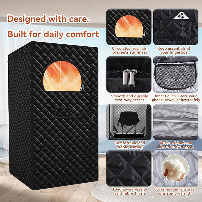 Portable Sauna for Home, Upgraded Large Size Home Sauna Box with 3L 1300W Steamer, Big Folding Chair, 9 Levels Heat,Timer, Remote Control - Personal Steam Room Tent for Relaxation Spa 3'x3'x5.9' Black