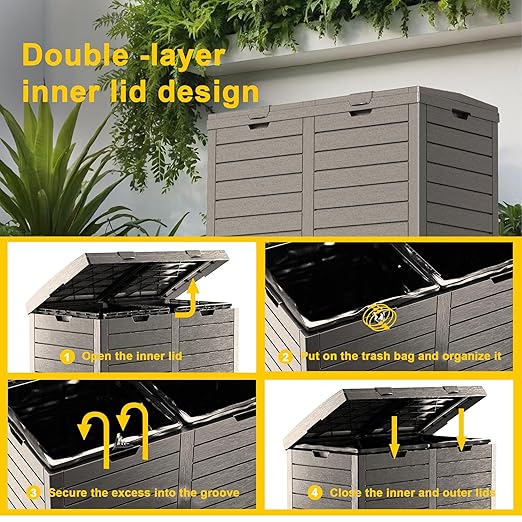 62 Gallon Outdoor Trash Can with Tiered Lid and Drip Tray,Waterproof Resin Waste Bin Indoor,Durable,Stylish,Lightweight Garbage Bin for Patio,Kitchen,Backyard and Office(Light Brown)