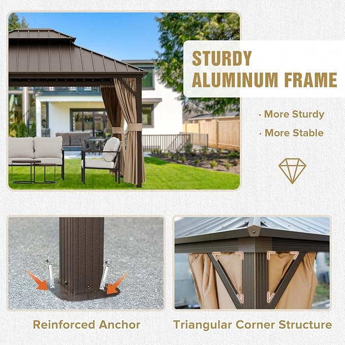 COOS BAY 12x14 Hardtop Gazebo with Aluminum Frame, Galvanized Steel Double Roof Outdoor Pavilion with Netting and Curtains, Dark Brown/Tan