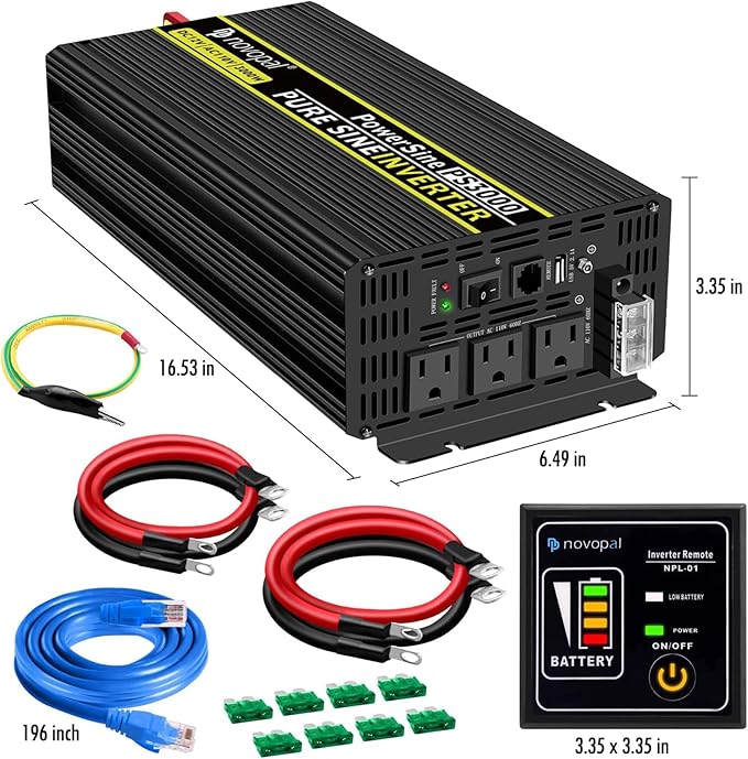 NOVOPAL 3000 watt Pure Sine Wave Inverter, 12V DC to 110V/120V AC Car Power Converter, DC-AC Power Inverter with 3 Outlets, High-Power Terminals - 16ft Remote Control, LCD Display.