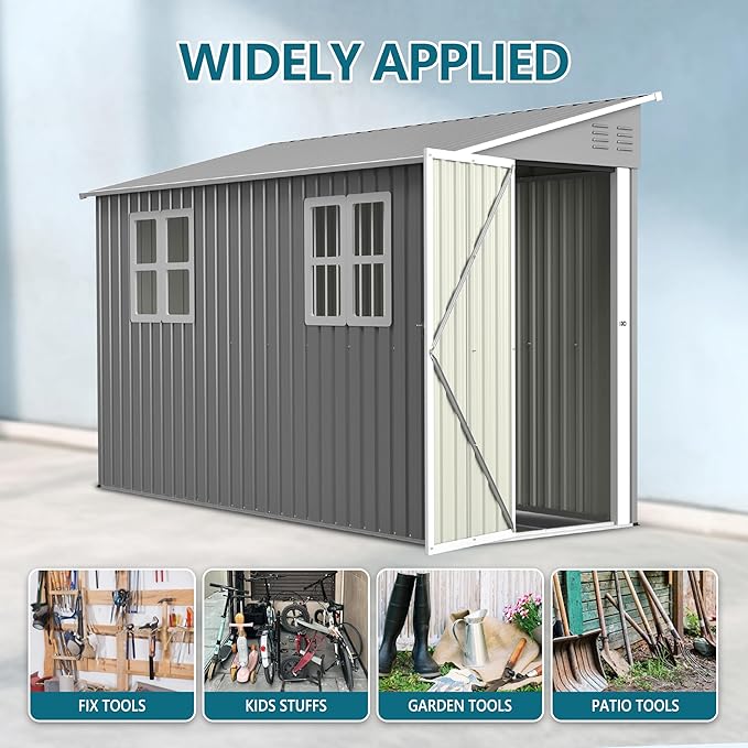 4X8 FT Outdoor Storage Shed W/ 2 Windows & Floor Frame,Lean to Shed W/Reversible Installation,Metal Garden Tool House W/Air Vents,Lockable Door & Sloped Roof,for Backyard Patio Lawn,Gray