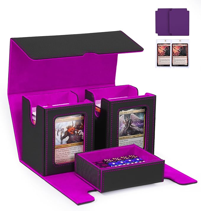 Trading Card Deck Box with Commander Display，3 in 1 MTG Storage Holds 200 Double-Sleeved Cards，2 Deck Boxes & Dice Tray Included，Fits MTG, TCG, PTCG & Sports Cards