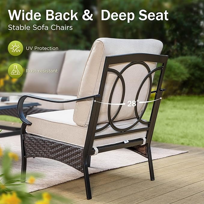 PHI VILLA Outdoor Modern Patio Furniture Set, Upgraded Wicker&Metal Patio Furniture Conversation Set with Waterproof Thick Cushions for Porch, Poolside, Deck, and Yard (6 Pieces,Beige)