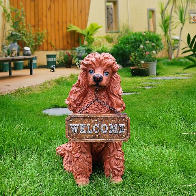Poodle Outdoor Garden Statue with Double-Sided “Welcome/ON Patrol” Hanging Sign and Solar Lantern, Brown Sitting Dog for Porch, Path & Yard Décor