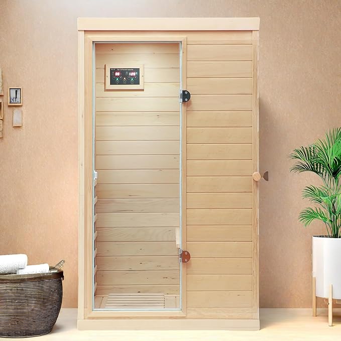 1 Person Far Infrared Indoor Sauna Hemlock Mini Single Person Sauna for Home with LCD Display & Bluetooth on The Left of The Indoor, Natural
