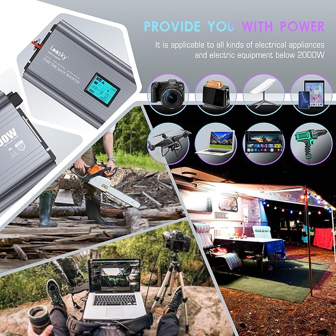 2000 Watt Pure Sine Wave Inverter 12V DC to 110V 120V AC Built-in UL Fuses FCC Approved with 20A UL Approved GFCI Outlets and 15FT Remote Control for Car Home RVs Truck Off-Grid Solar Power LEESKY